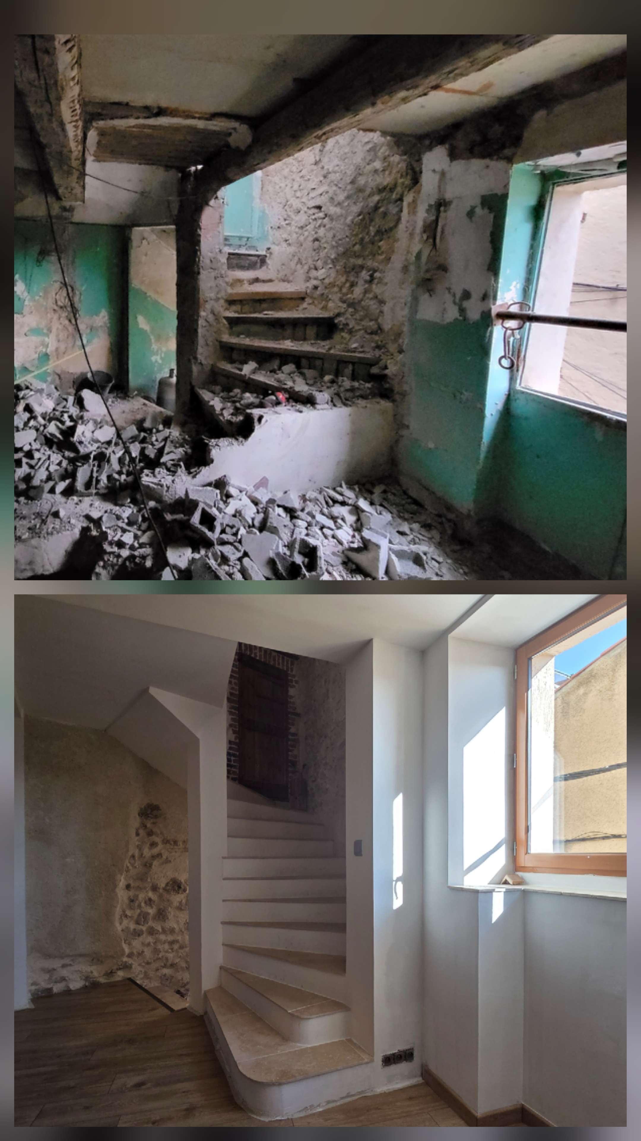 Chantier de maçonnerie d’une maison ancienne à Cabriès, puis escalier rénové avec murs en pierre préservés