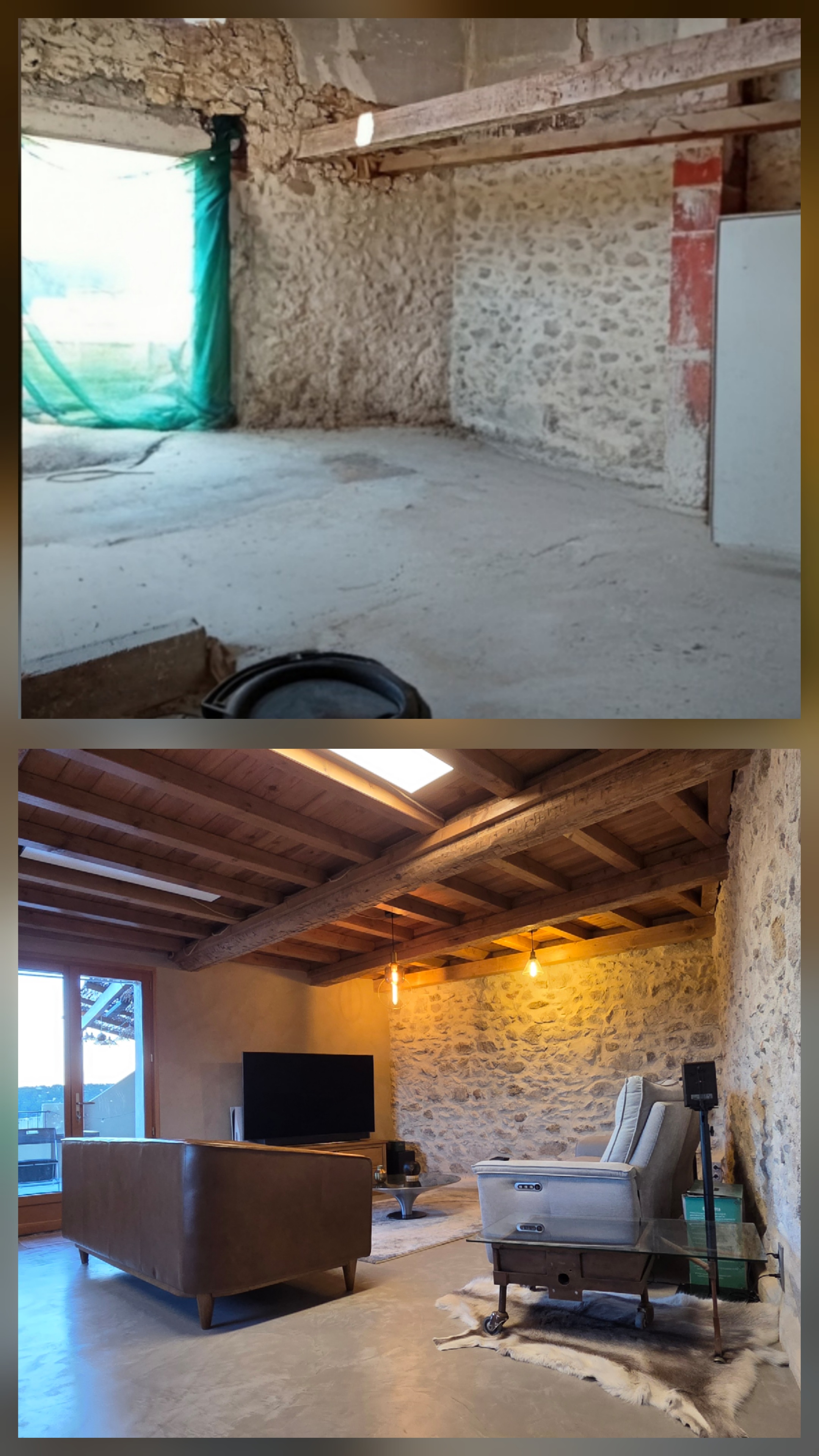 Montage de chantier à Cabriès : maçonnerie ancienne en pierre, puis espace intérieur rénové conservant le mur de pierre