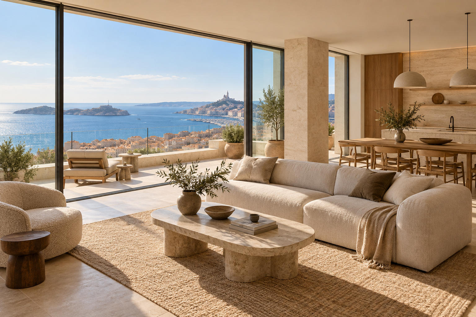 Intérieur contemporain lumineux ouvrant sur une vue mer à Marseille