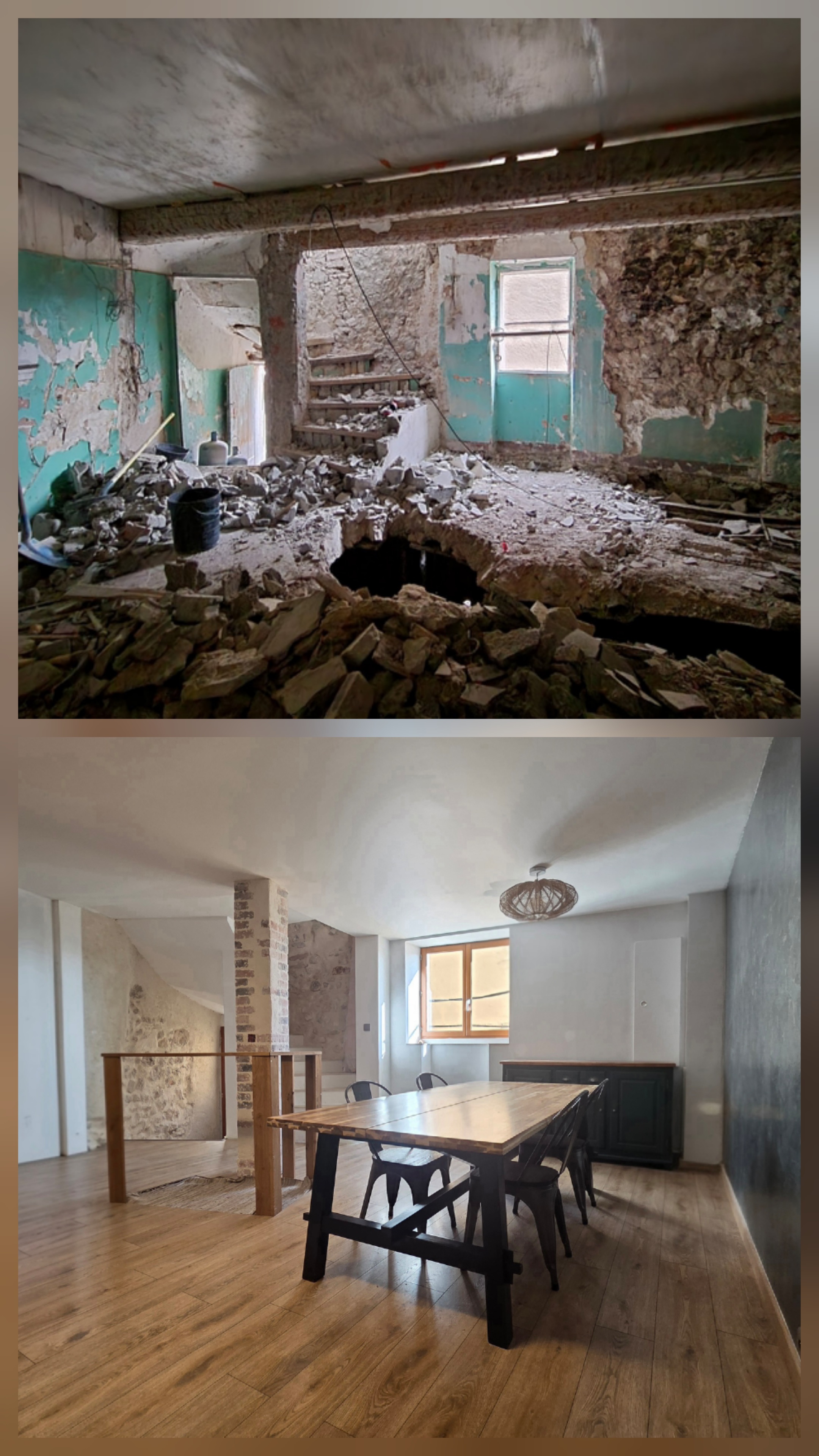 Deux vues d’un chantier de rénovation de bâti ancien à Cabriès : murs et sol en cours de dépose, puis intérieur rénové avec pierre apparente