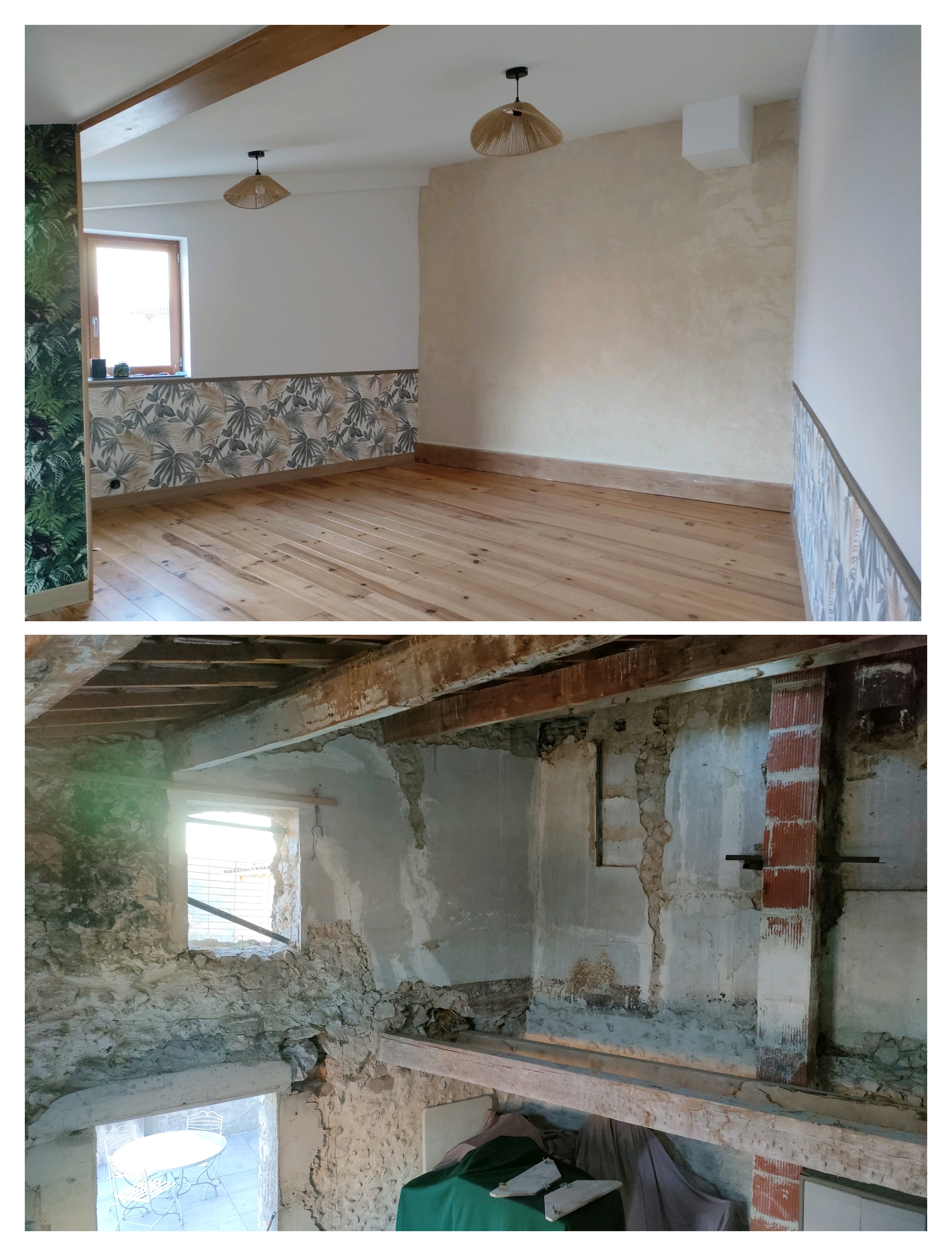 Montage photographique de rénovation intérieure d’un bâti ancien : pièce aux murs et poutres en pierre, puis espace en travaux