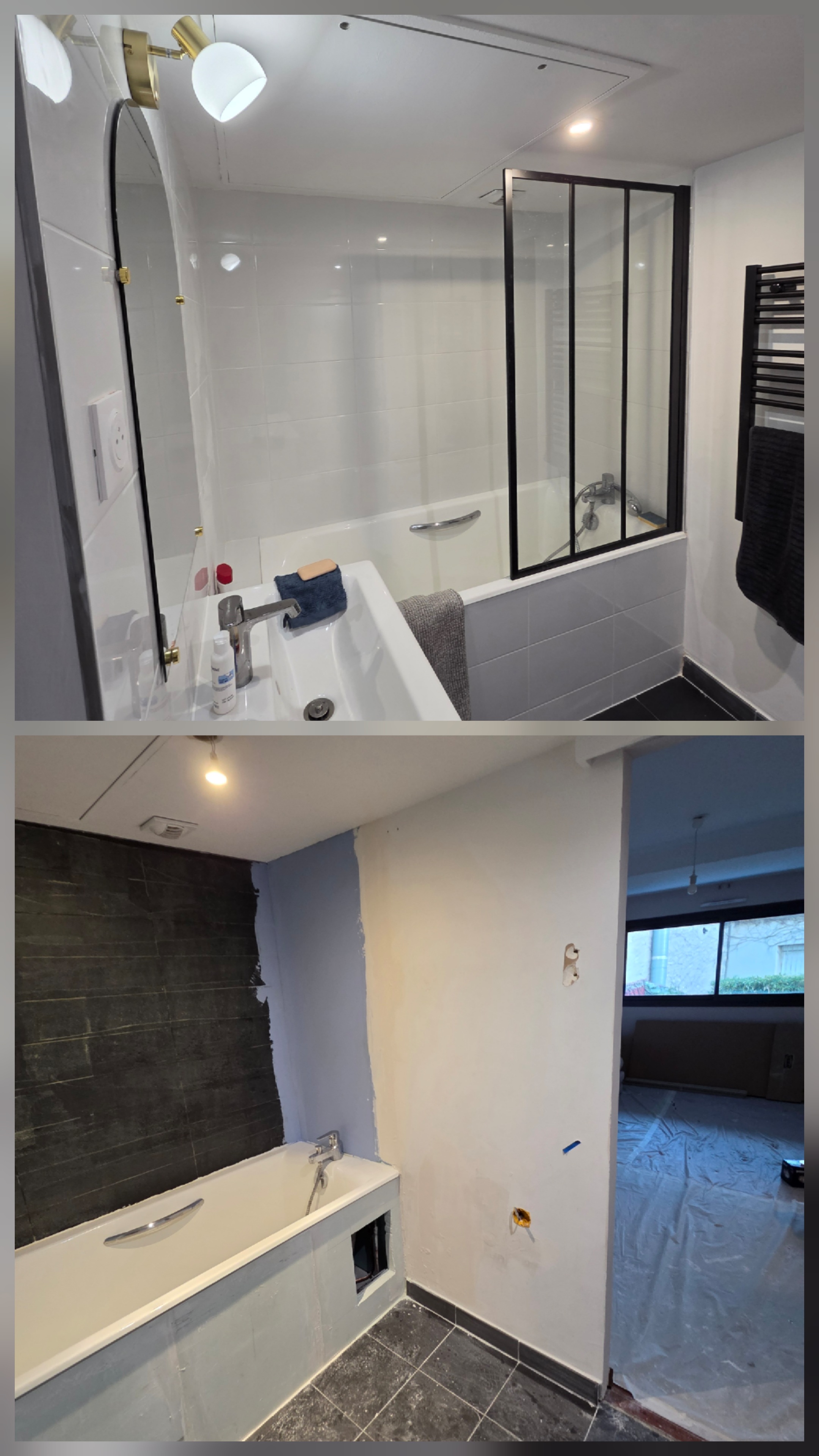 Montage photo d’un chantier de salle de bain : vue d’une baignoire et de ses équipements, puis une autre vue pendant les travaux préparatoires