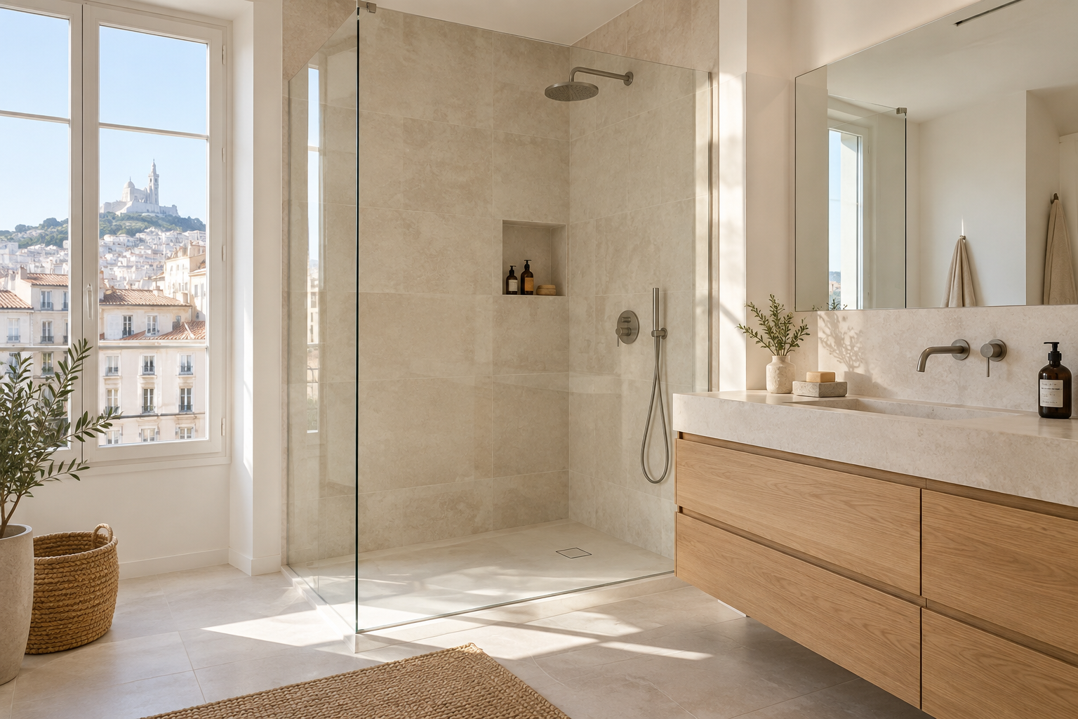 Salle de bain rénovée avec douche vitrée, meuble vasque et carrelage clair